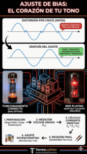 Guía Definitiva de Ajuste de Bias Amplificador: Lo que nadie te cuenta. 2 Infografía técnica sobre ajuste de bias amplificador mostrando distorsión por cruce, válvulas EL34 en funcionamiento correcto y efecto red plating.